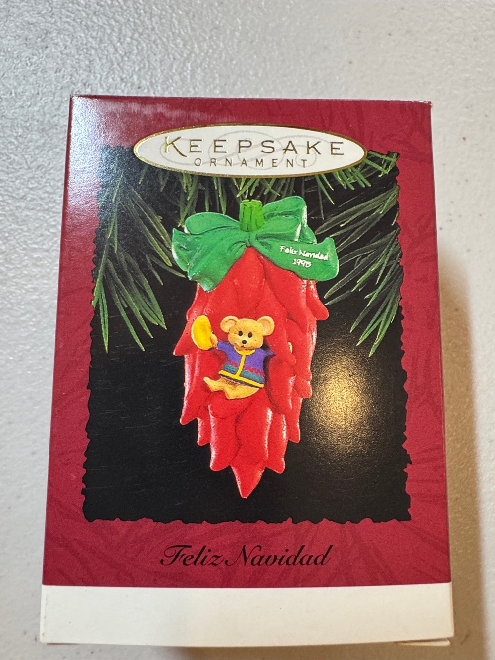 Hallmark Feliz Navidad Ornament Red Chile Peppers with Green Bow and Yellow Bear